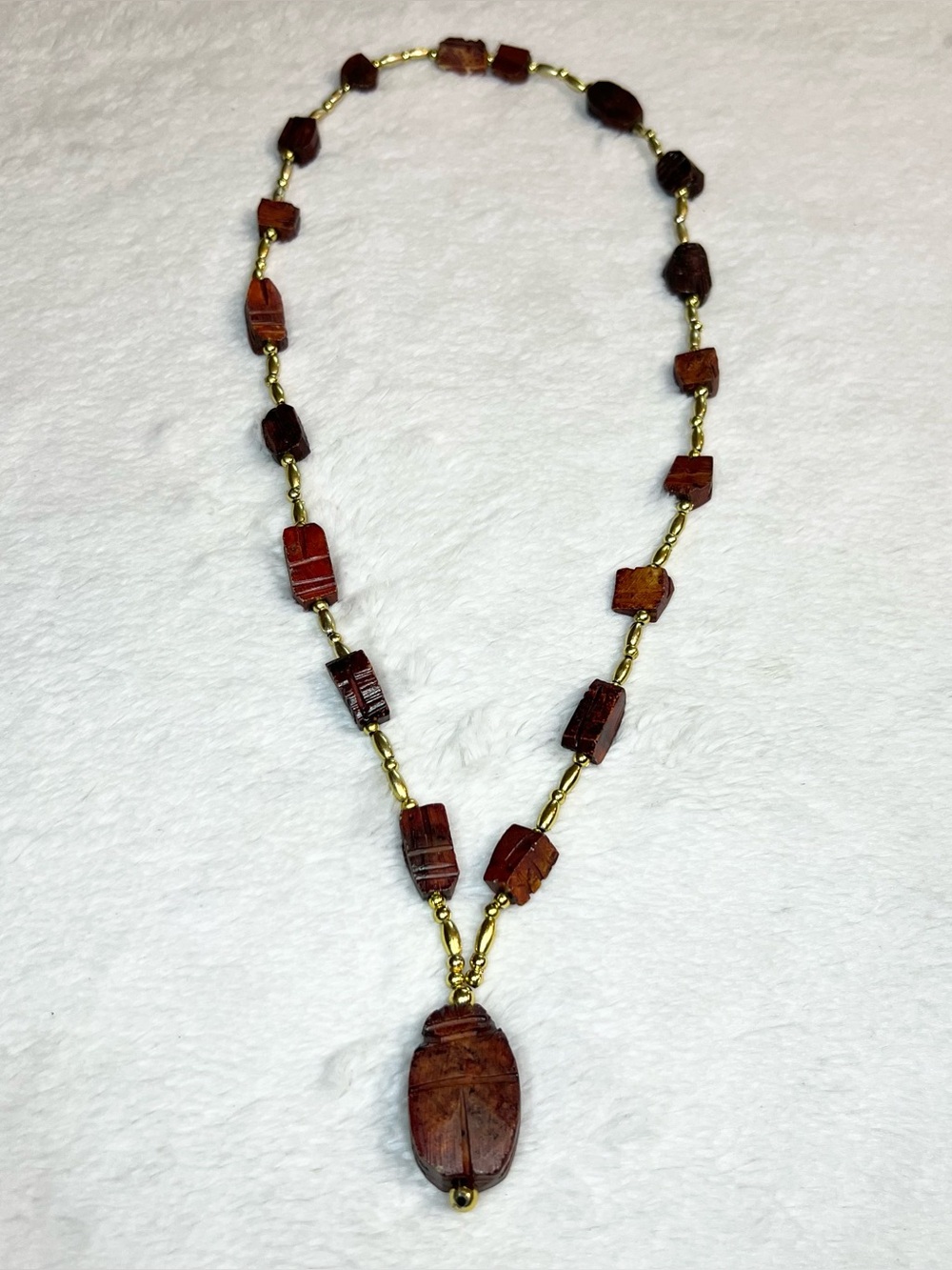 Vintage Egyptian Revival Carved Wood Scarab Beetle Faience Pendant Necklace
